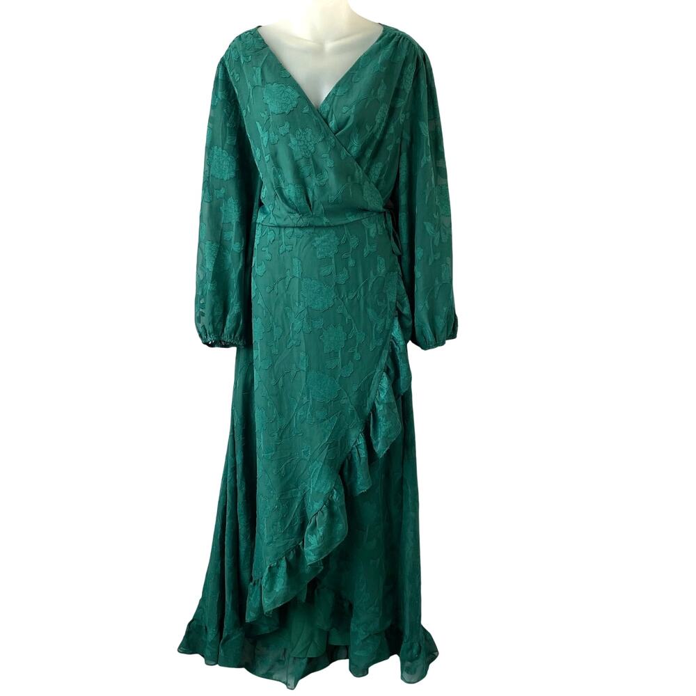 Sugarlips Zola Floral Burnout Gemini Hi Low Wrap Maxi Dress 1X Green Ruffle NWOT